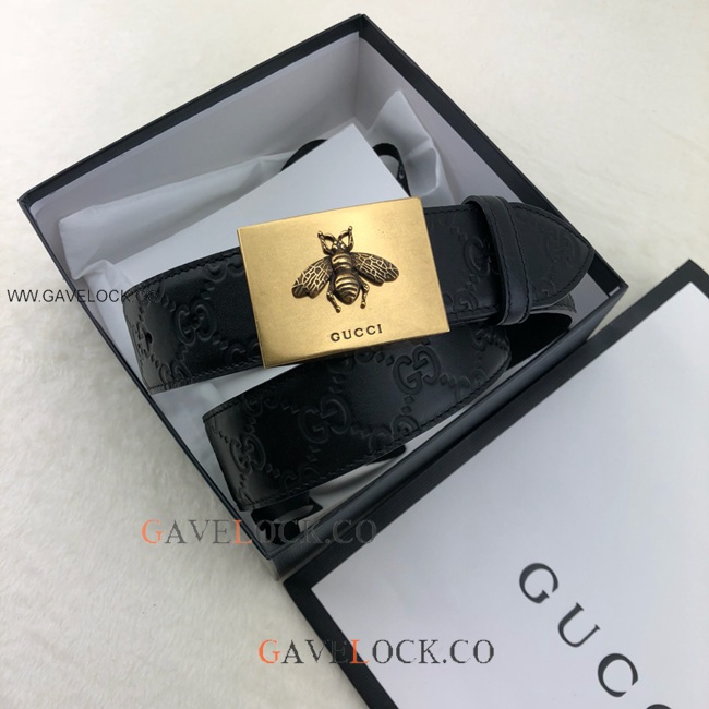 Gucci Monogram Leather Belt Brass Square Bee Decor Buckle